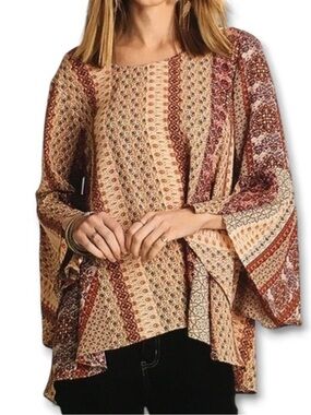 Umgee Brown Stripe Pattern Bell Sleeve Flowy Blouse Womens Size M